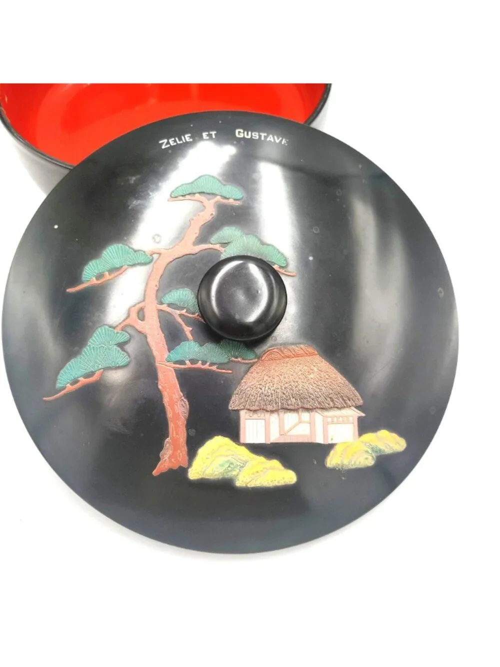 Vintage Bunco Okinawa Japanese Lacquerware Covered Bowl Black Red Scenic Lid